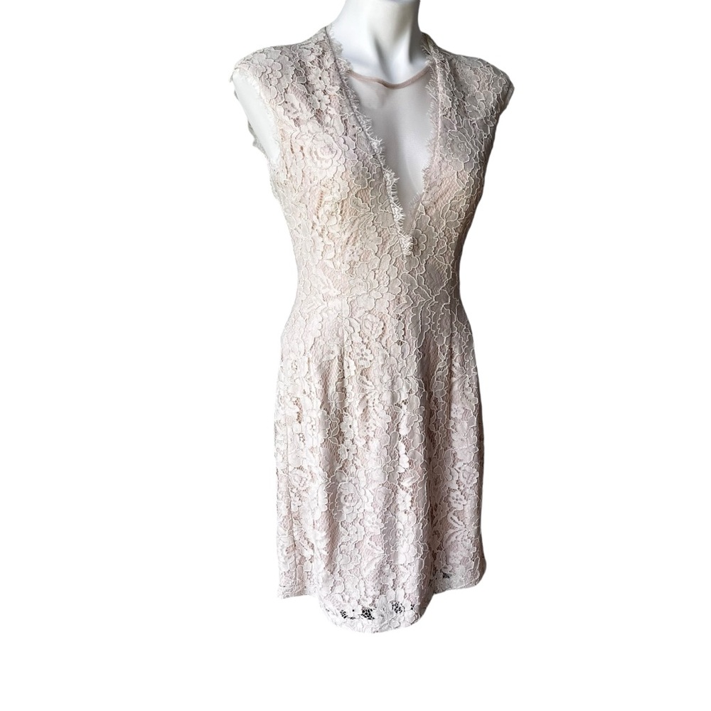 Aidan By Aidan Mattox Beige Open Back Lace Sheath Dress, Sz 8 - Picture 5 of 15
